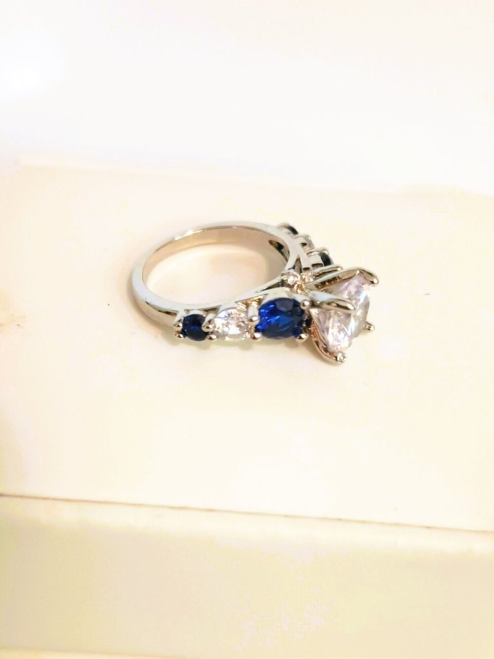 Silver Clear & Navy Rhinestone Ring 4.5 Solitaire 7 Stone Cocktail Ring